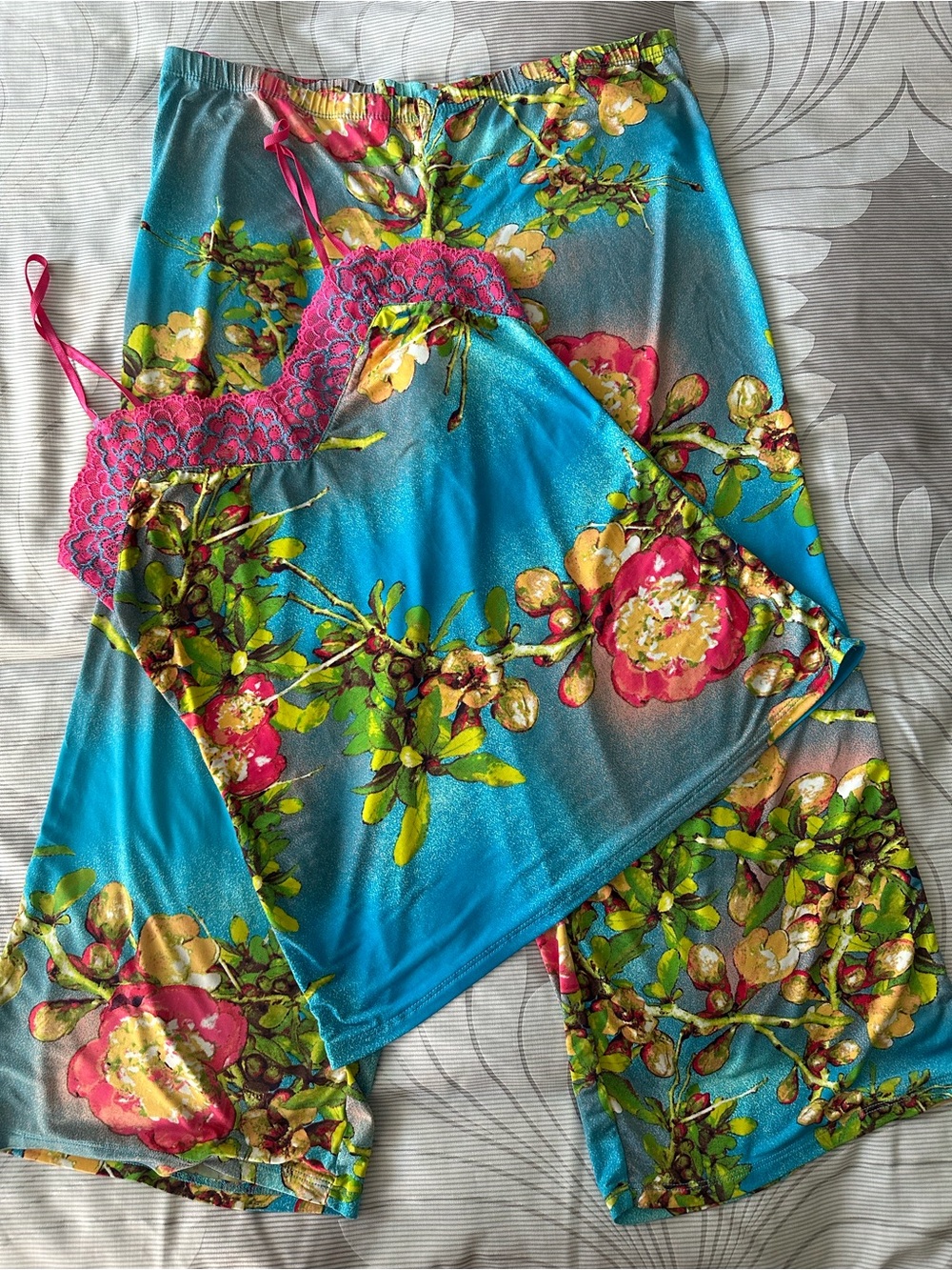 Women’s Floral Satin Cami & Pant Sleep Set - Turquoise & Pink